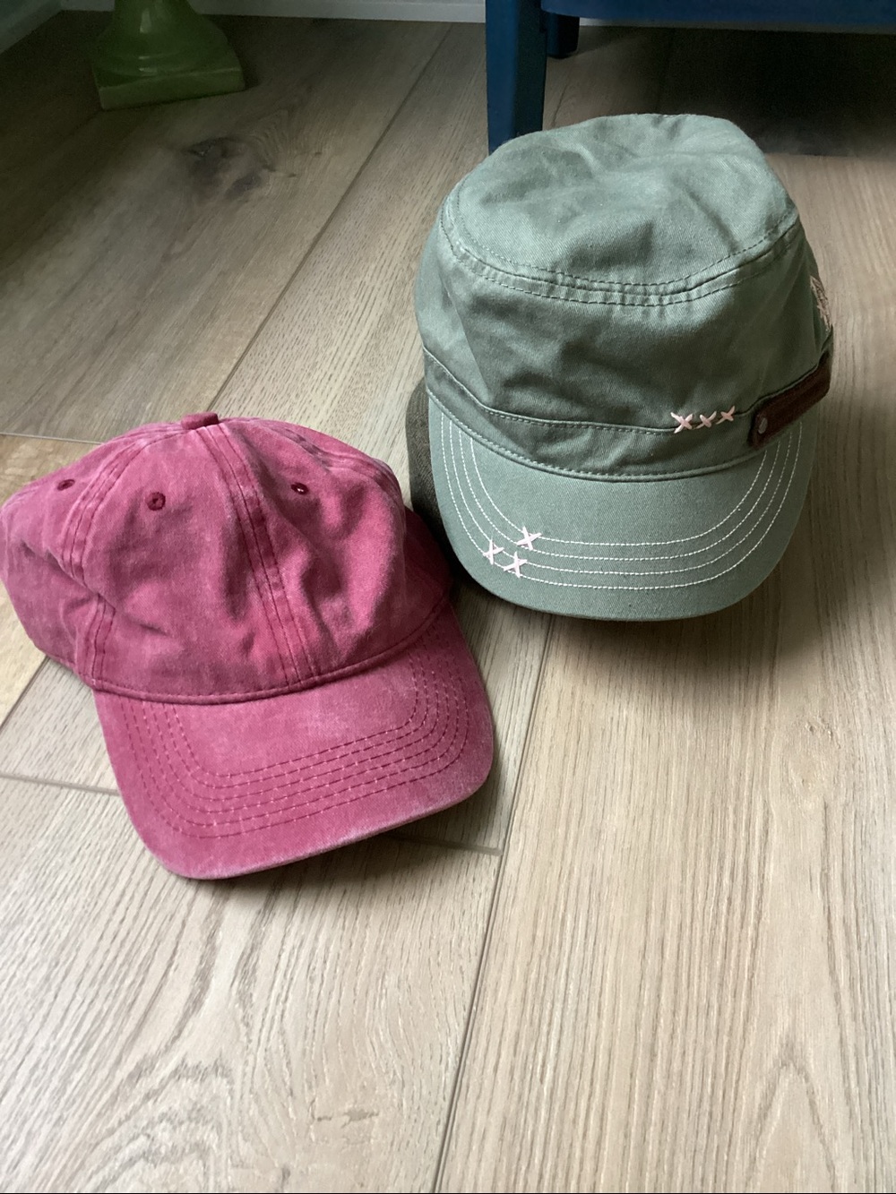 Set of 2 Cotton Caps Bud Light Army Green Flat Top Cadet and Red Vintage Wash